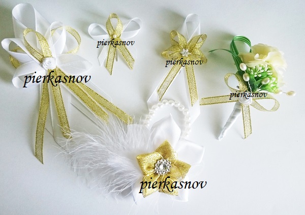 bielo zlaté svadobné pierka, náramky pre družičky, ruže