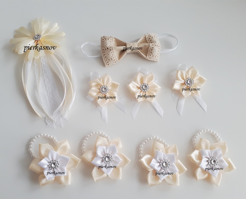 bielo - krémové svadobné pierka, náramky pre družičky, svadobný pánsky motýlik s