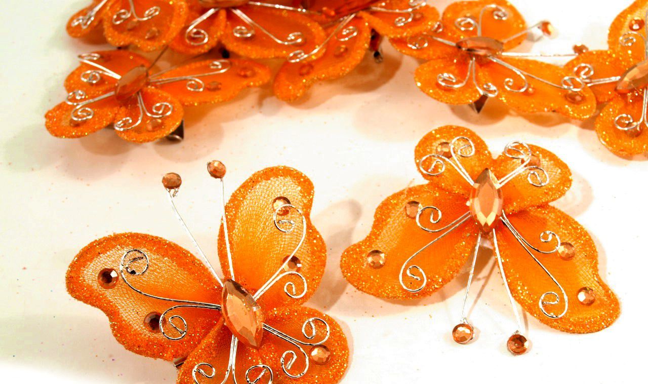 Aplikácia motýľ 50x55mm s kamienkami - oranžová