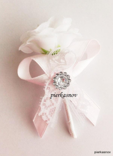 Svadobné pierko ruža bielo - ružové s čipkou a so štrasom